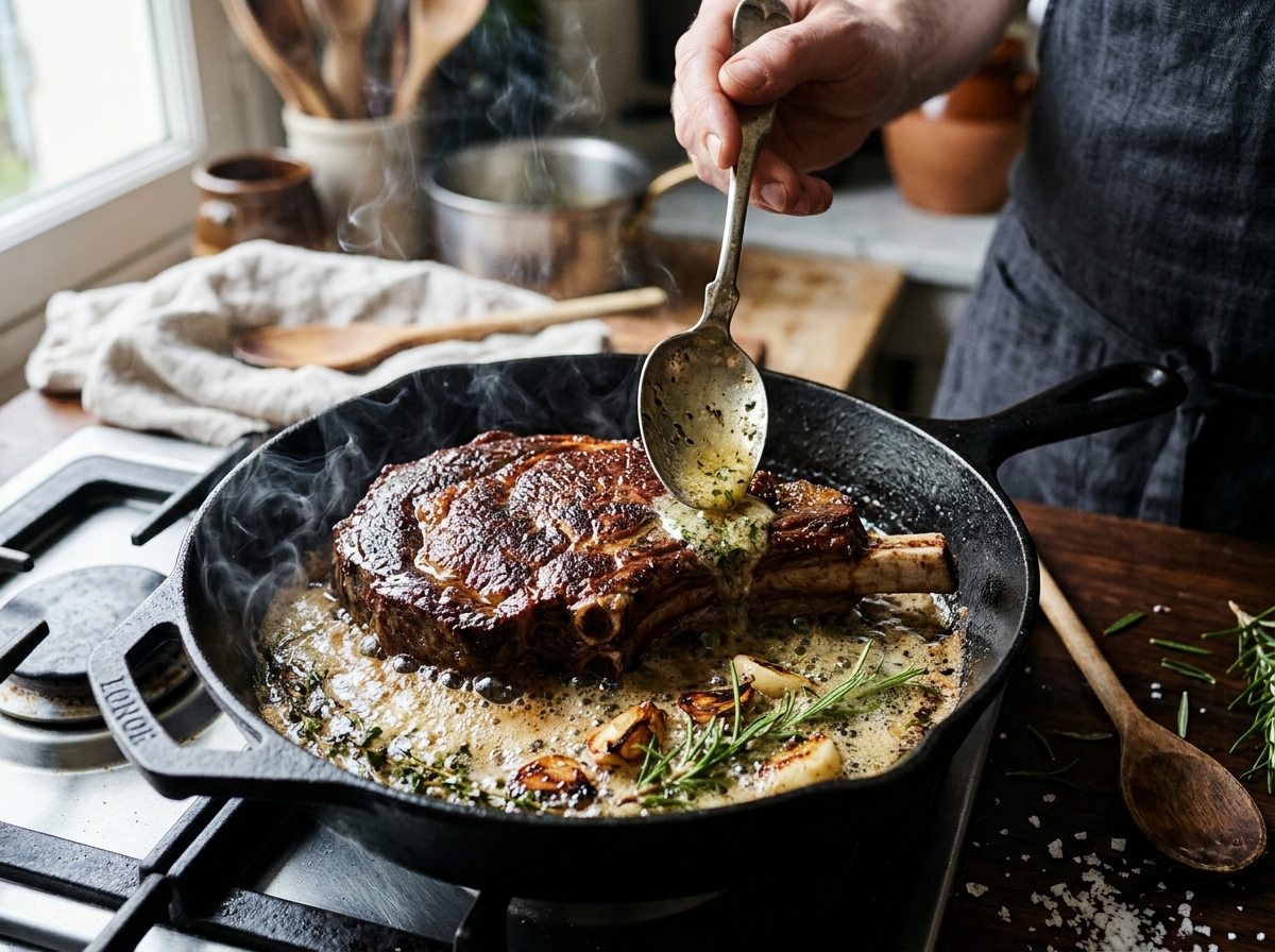 Côte de bœuf rôtie au four et découpée en tranches saignantes avec fleur de sel et romarin