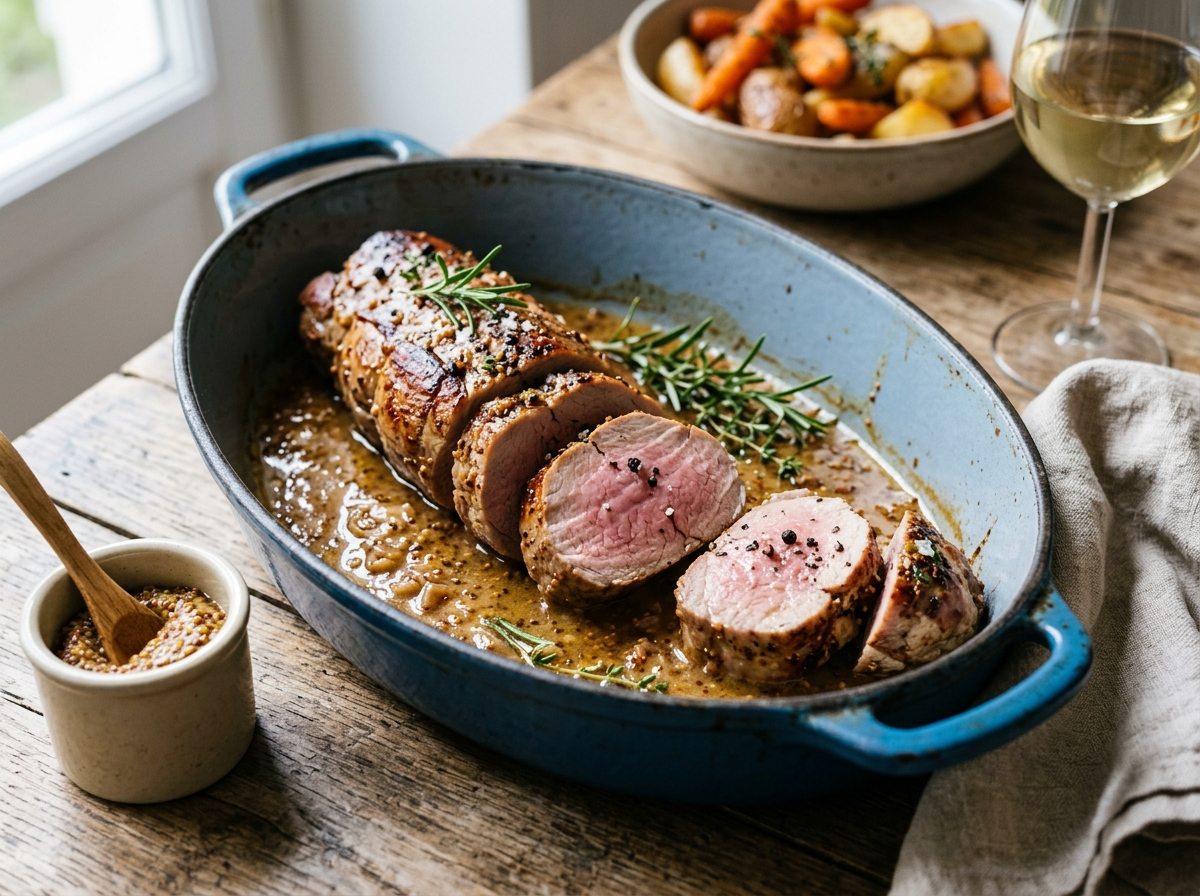 Filet mignon de porc rôti au four en médaillons avec sauce moutarde à l ancienne et romarin