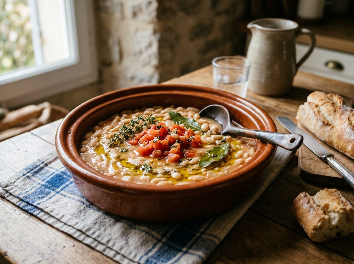 Haricots blancs mijotés à la tomate, herbes de provence et huile d olive dans une cassole