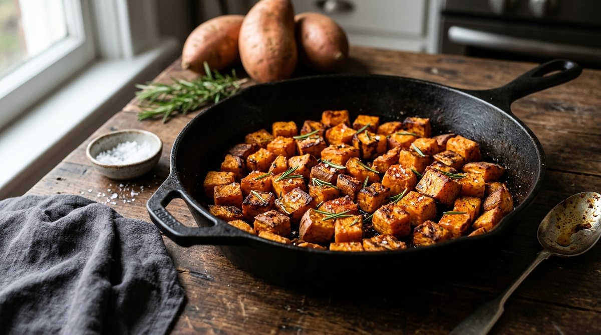 Dés de patates douces rôties au four caramélisés au paprika et romarin dans une poêle en fonte