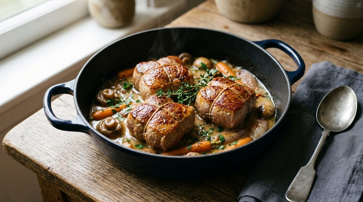 Paupiettes de veau ficelées dorées mijotées en cocotte avec sauce au vin blanc et champignons