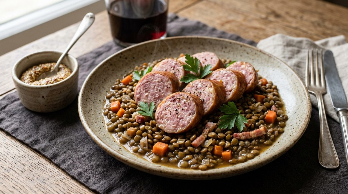 Tranches épaisses de saucisse de Morteau pochée servies avec des lentilles vertes mijotées et moutarde