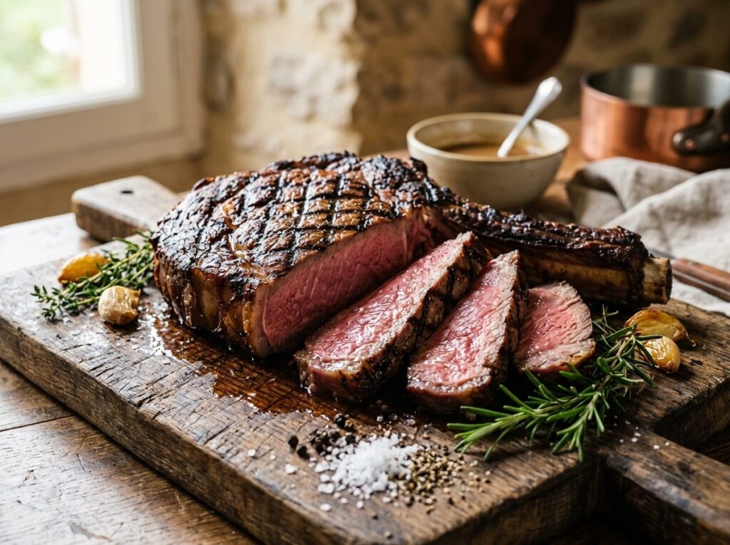 Côte de bœuf avec os grillée et découpée sur planche en bois avec fleur de sel et romarin