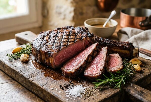 Côte de bœuf avec os grillée et découpée sur planche en bois avec fleur de sel et romarin