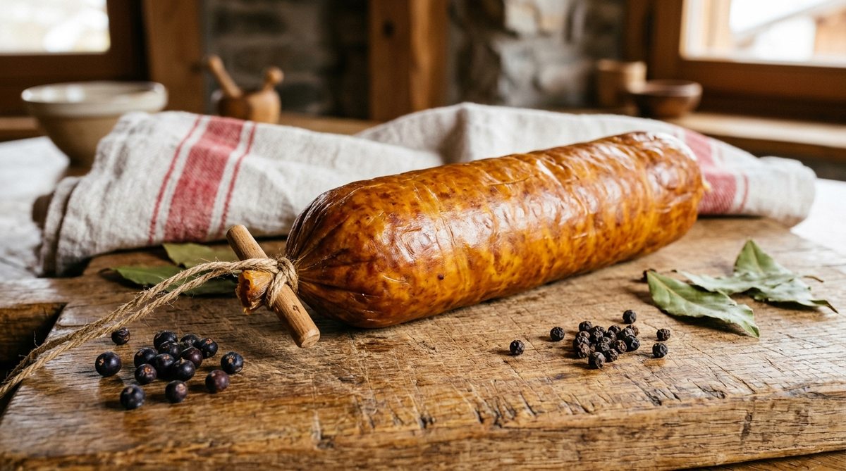Véritable saucisse de Morteau IGP fumée avec sa chevillette en bois sur planche rustique